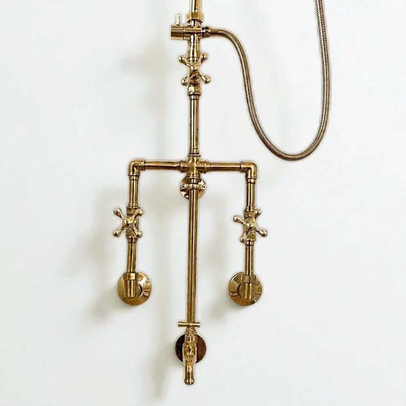 Unlacquered Brass Shower System | Exposed Pipe Rainfall Shower with Handheld Sprayer | Vintage Industrial Bathroom Fixture
