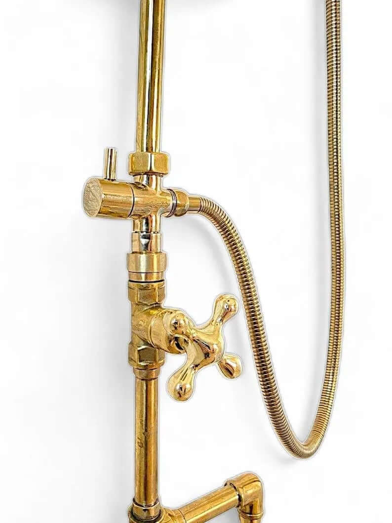 Unlacquered Brass Shower System | Exposed Pipe Rainfall Shower with Handheld Sprayer | Vintage Industrial Bathroom Fixture