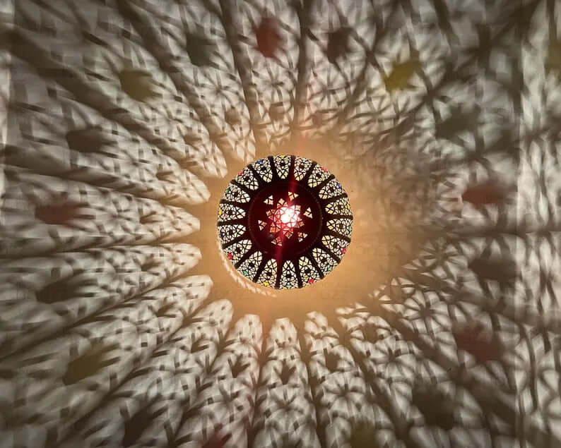 Handcrafted brass Circular pendant Lamp with Colorful Glass Accents - Moroccan-style ceiling Light Fixture - Handmade lampshade.